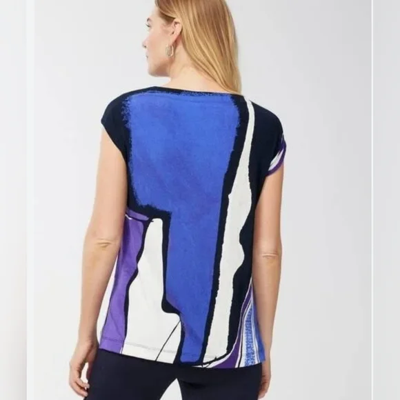 CHICO'S Size 3 Abstract Print Knit Blouse Acetate/Spandex Colorful Tunic - Picture 4 of 8